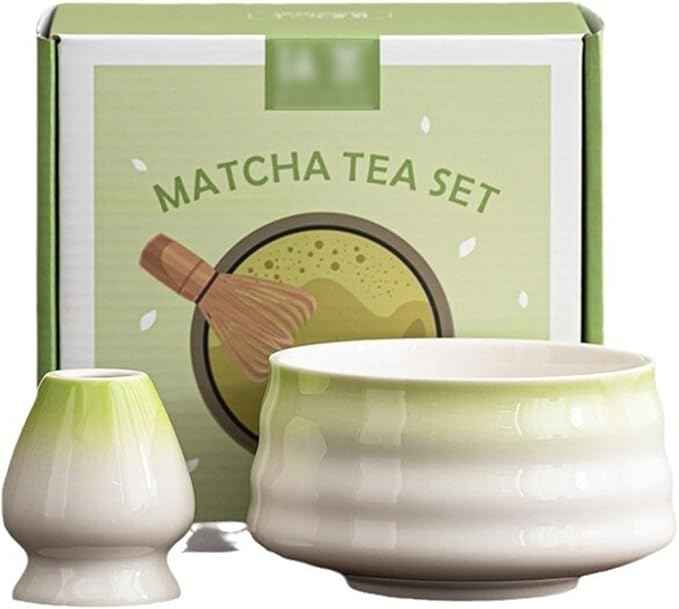 Ceramic Matcha Kit for Breakfast Afternoon Tea Contains Bowl Tea Brush Stand, Visiting Gifts Matcha Bowl Set Entertaining Guests Negotiating Business(Green-C)