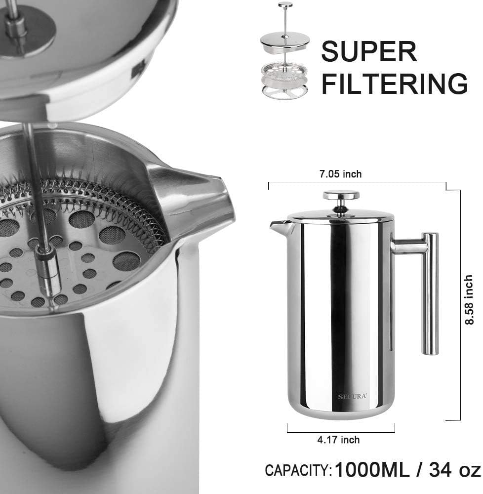 Secura French Press Coffee Maker, 304 Grade Stainless Steel Insulated Coffee Press with 2 Extra Screens, 34oz (1 Litre), Silver - Blissbrew