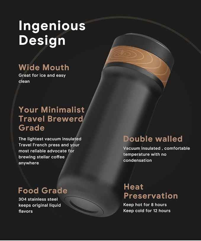 Sesama Classic Portable French Press Coffee Mug 12 oz with Carry Loop, Stainless Steel French Press Coffee Maker, BPA Free Great for Camping and Travel