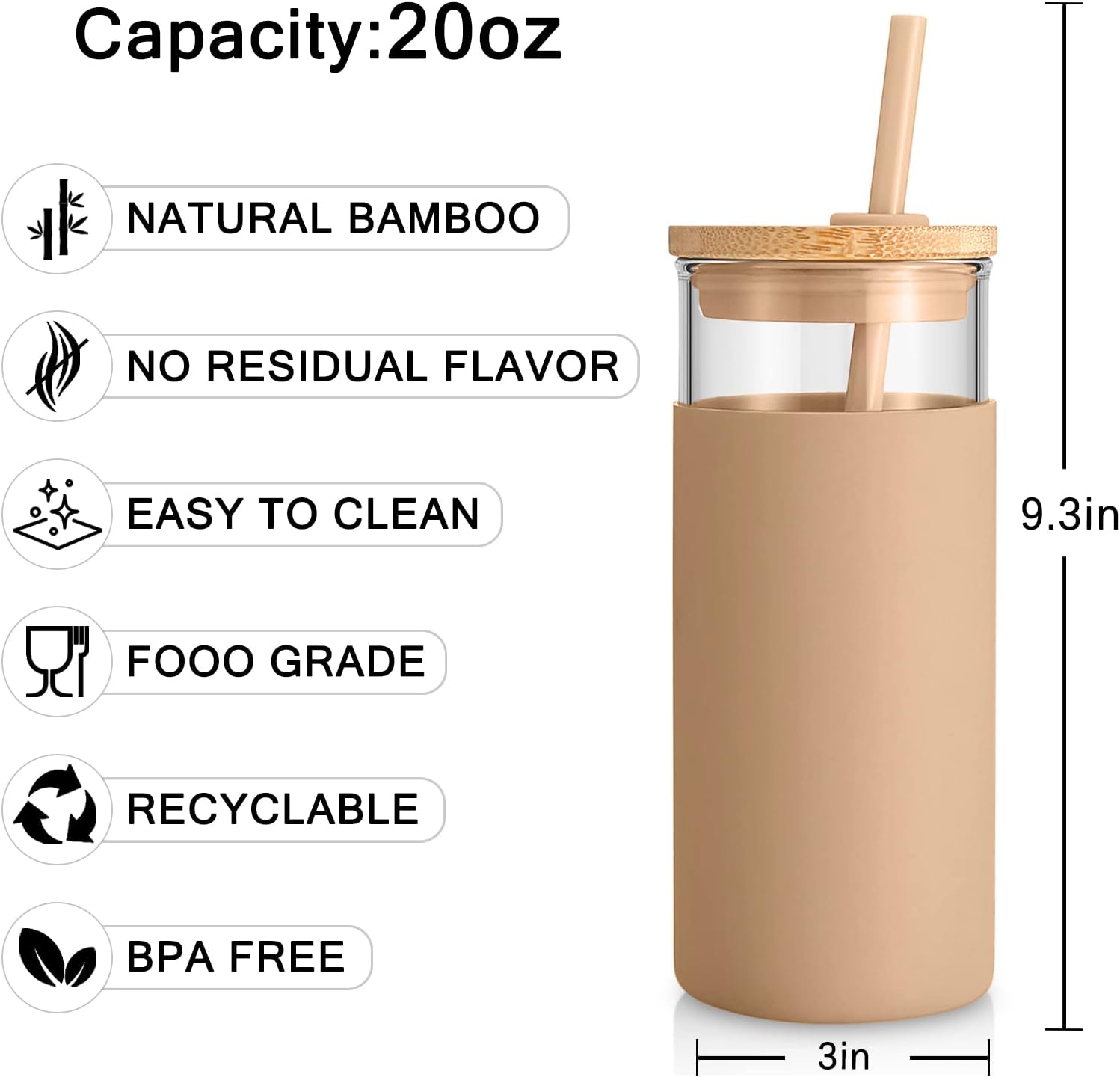 Tronco 20 oz Glass Tumbler with Lid & Straw - Iced Coffee Cup & Smoothie Cup With Silicone Sleeve | BPA-Free, Dishwasher Safe | Reusable Glass Cups with Bamboo Lids and Straws (Watermelon, 1 Count)