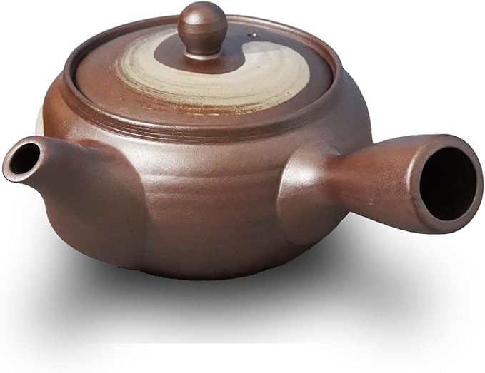 Banko-Yaki Japanese Tea Pot – Traditional Japanese Tea Kettle with Stainless Steel Bottom Strainer – Heat Resistant and Durable Ceramic Teapot for Deep Steamed Tea (White Brush and Brown)