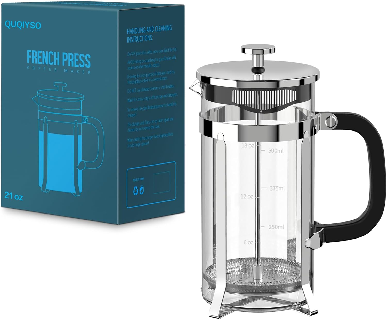 QUQIYSO French Press Coffee Maker 304 Stainless Steel French Press with 4 Filter, Heat Resistant Durable, Easy to Clean, Borosilicate Glass Coffee Press, 100% BPA Free Glass Teapot, 21 ounce, Silver - Blissbrew