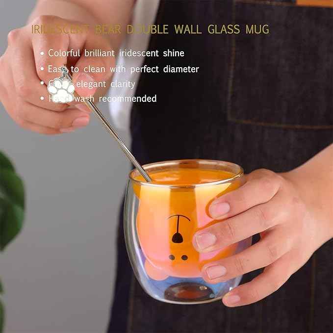 Cute Mugs Double Wall Glass Coffee Glass Cup Kawaii Bear Tea Milk Cup Funny Mug Animal Mug Aesthetic Cup for Office and Personal Birthday Gift (Iridescent Bear)