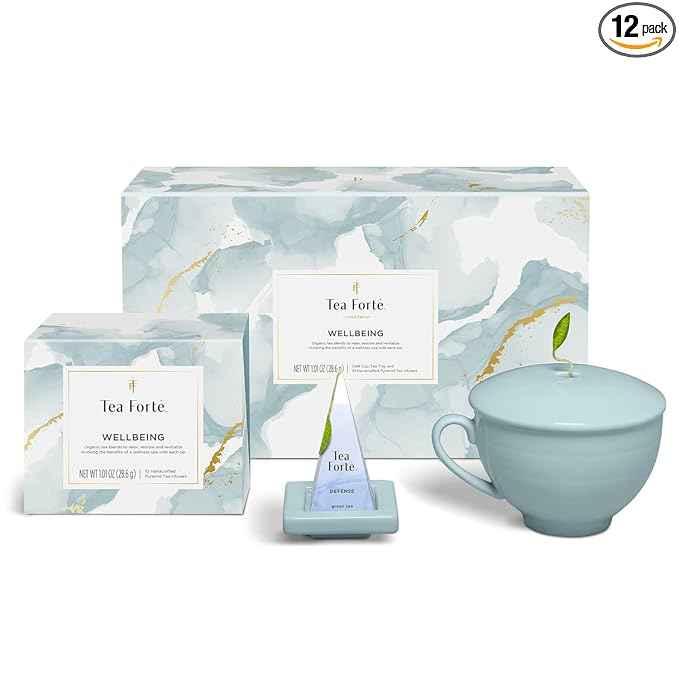 Tea Forte Wellbeing 3-Piece Premium Tea Gift Set with Light Blue Cafe Cup with Lid, Tea Tray and 10 Assorted 2 of Each Variety Organic Handcrafted Pyramid Infuser Tea Bags