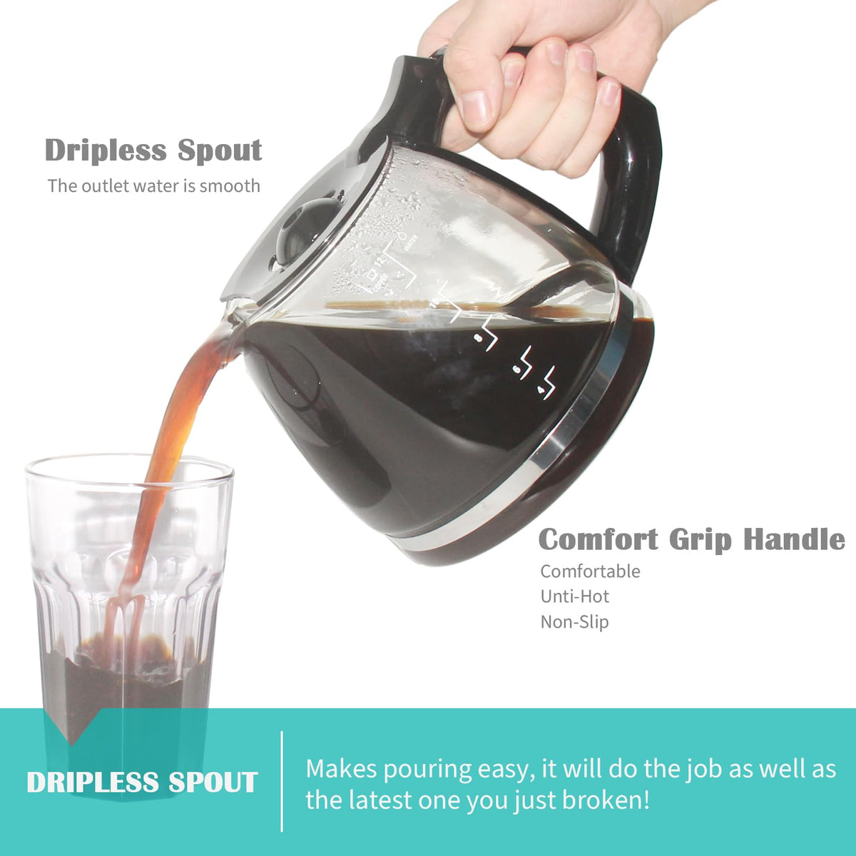 Clear borosilicate glass coffee pot for easy viewing of coffee level
