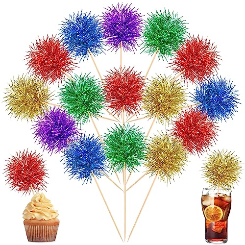 100 Pcs Foil Firework Cupcake Toppers Sparkle Tinsel Cake Toppers Cake Decoration Cocktail Fruit Toothpick for Birthday Wedding Graduation Party