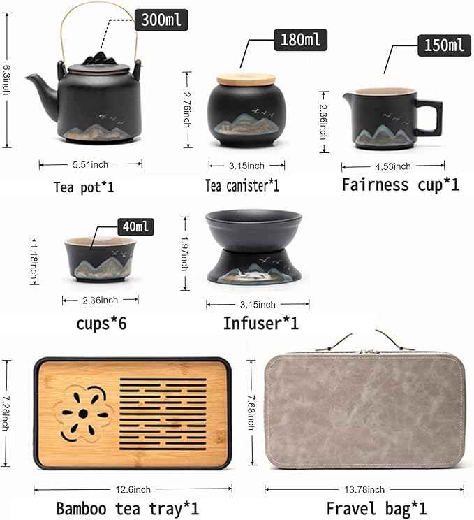 Chinese Gongfu Tea Set, 15-Piece Ceramic Tea Service with Teapot, 6 Cups, Storage Jar, Tea Tray, Black and Teal Mountain Design with Gray Travel Case