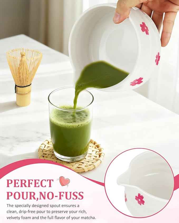 8Pcs Cute Ceramic Matcha Set with Whisk Bowl, Matcha Tea Kit Holder, Bamboo Scoop, Sifter, Towel Included, Valentine's Mother's Day Gift for Matcha Lover Women (White Sakura)