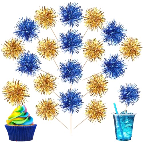40 PCS Foil Firework Cupcake Toppers Sparkle Tinsel Cupcake Picks Fireworks Birthday Party Decorations Cocktail Fruit Toothpick for Birthday Wedding Graduation Party Decorations Supplies Gold Blue (40 Count)