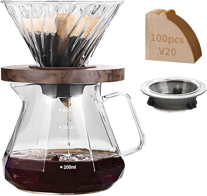 Professional Glass Pour Over Coffee Maker Kit - 600ml V-Shaped Brewer with Walnut Handle & 100 V20 Filters, 20 oz Borosilicate Carafe for Camping Home Brewing Gifts