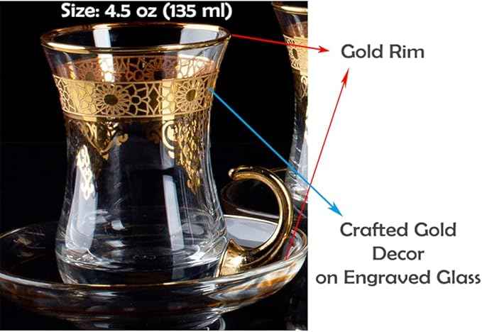 Gold Turkish Arabic Moroccan Tea Glasses Cups Set of 6 and Saucers Glassware Drinking Women Party Fancy Drinkware Style Vintage Persian Kitchen Decor Drinks