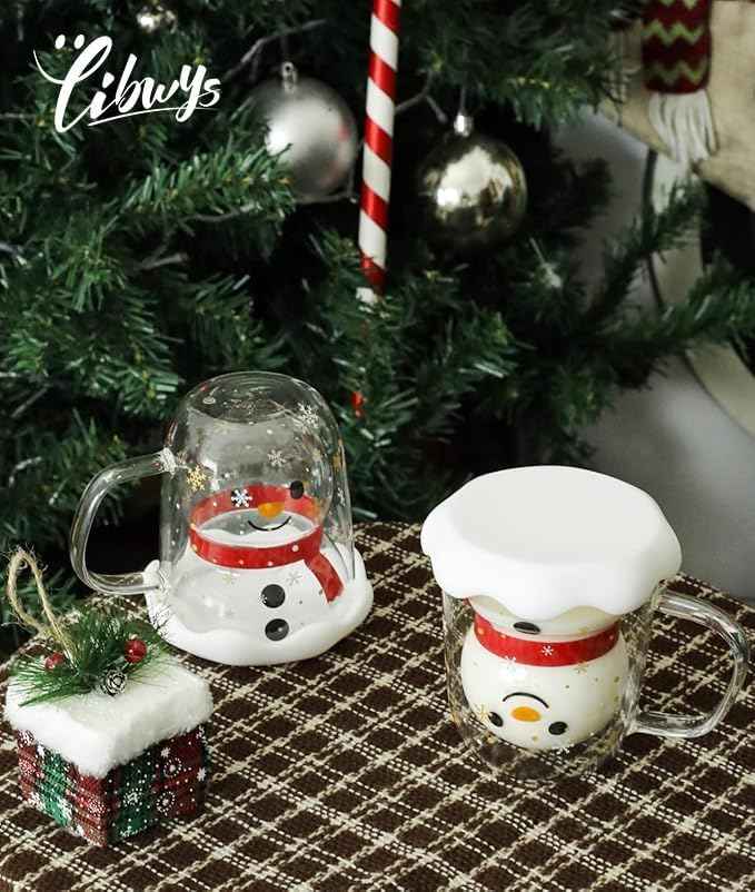 LIBWYS 2pcs Snowman Christmas Mugs, 13 oz Double Walled Coffee Mugs with Snowflake Lid, Heat Resistant mugs set for Hot Cocoa and Latte, Christmas Gift for Family, Friend