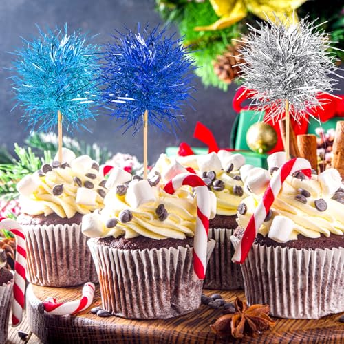 100 Pcs Foil Firework Cupcake Toppers Sparkle Tinsel Cake Toppers Cake Decoration Cocktail Fruit Toothpick for Birthday Wedding Graduation Party