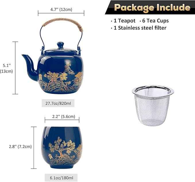 Gift Set Japanese Tea Set, Asian Black Glazed Ceramic Tea Set - Contains 1 Teapot, 1 Tea Strainer and 6 Teacups. Ideal for Home, Outdoor, Office (Blue2)