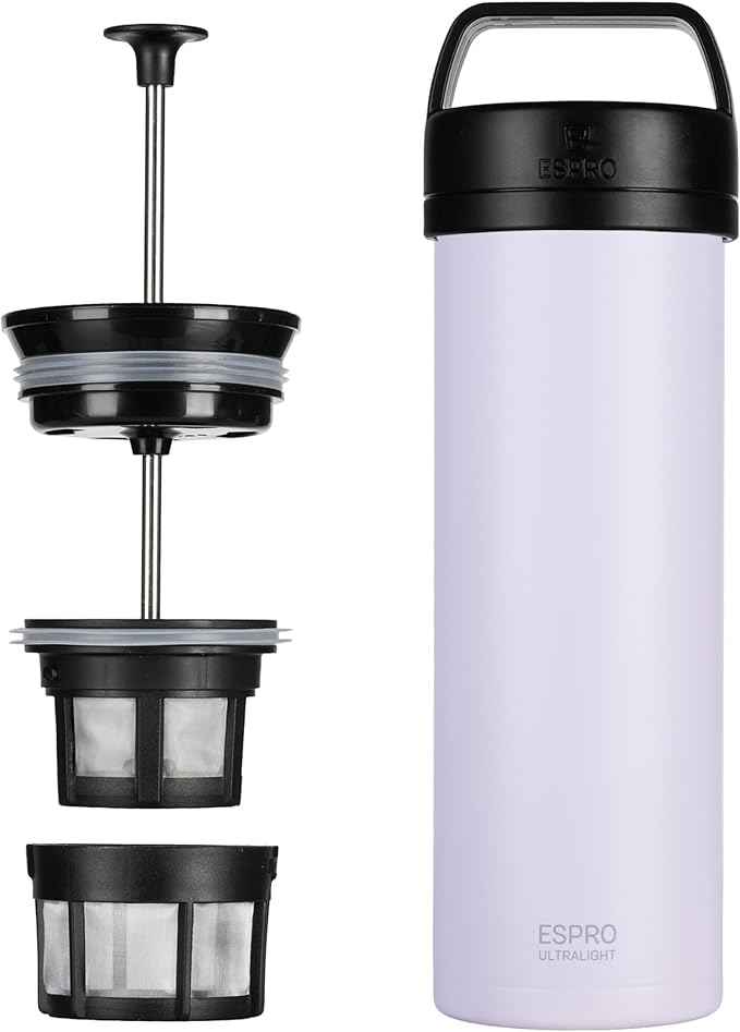 ESPRO P0 Ultralight French Press Coffee Maker for Travel, Vacuum Insulated Stainless Steel, 16 Ounces, Light Pink