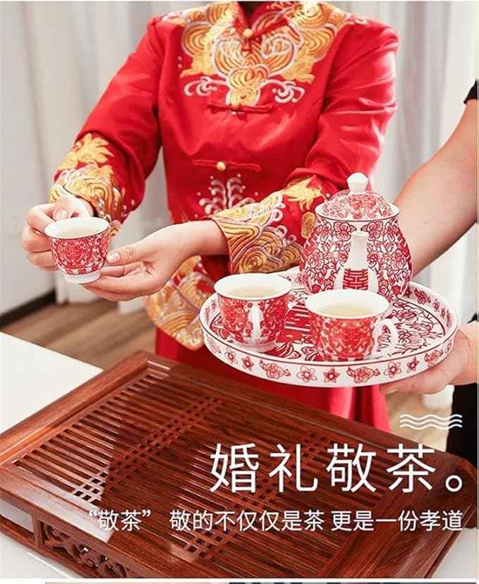 Chinese Tea Gift Set Service Porcelain Tea Pot 4 Cups tray for Adults Men Women Tea Ceremony Wedding Party Home Decor (Double Happiness（Chinese xi）)