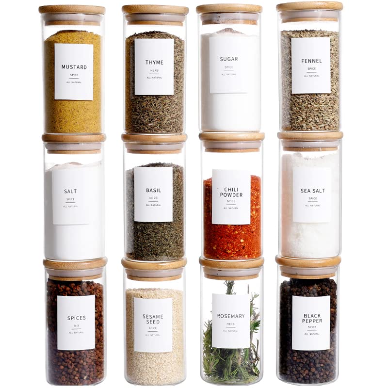12 Pcs Glass Spice Jars With Bamboo Airtight Lids