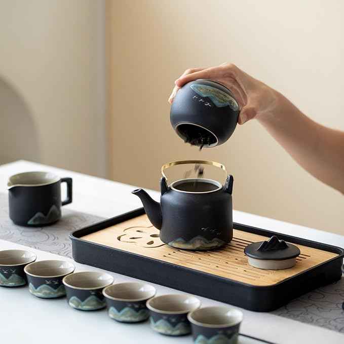 Chinese Gongfu Tea Set, 15-Piece Ceramic Tea Service with Teapot, 6 Cups, Storage Jar, Tea Tray, Black and Teal Mountain Design with Gray Travel Case