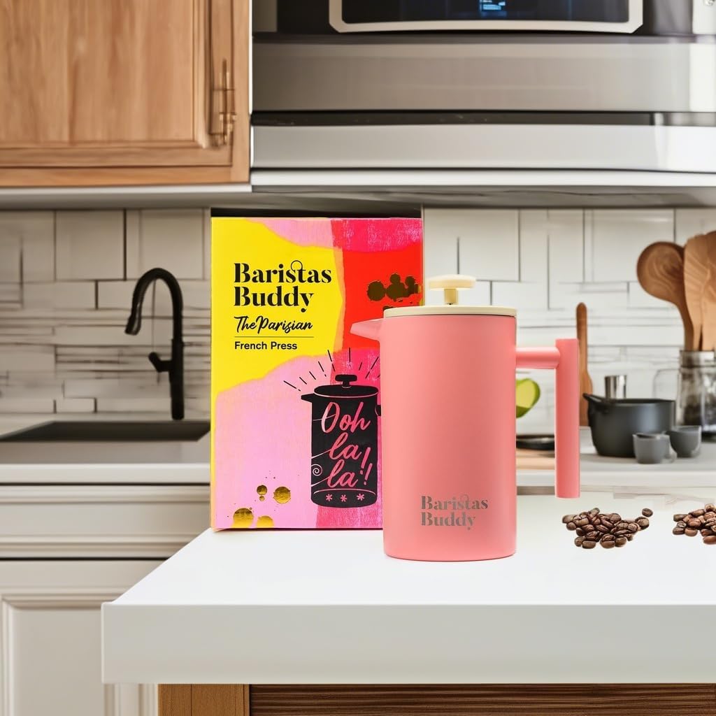 Cute Pink French Press Coffee Maker - Colorful, Retro And Stylish Insulated Coffee Brewer - Large Size Brews 4 Cups - Blissbrew