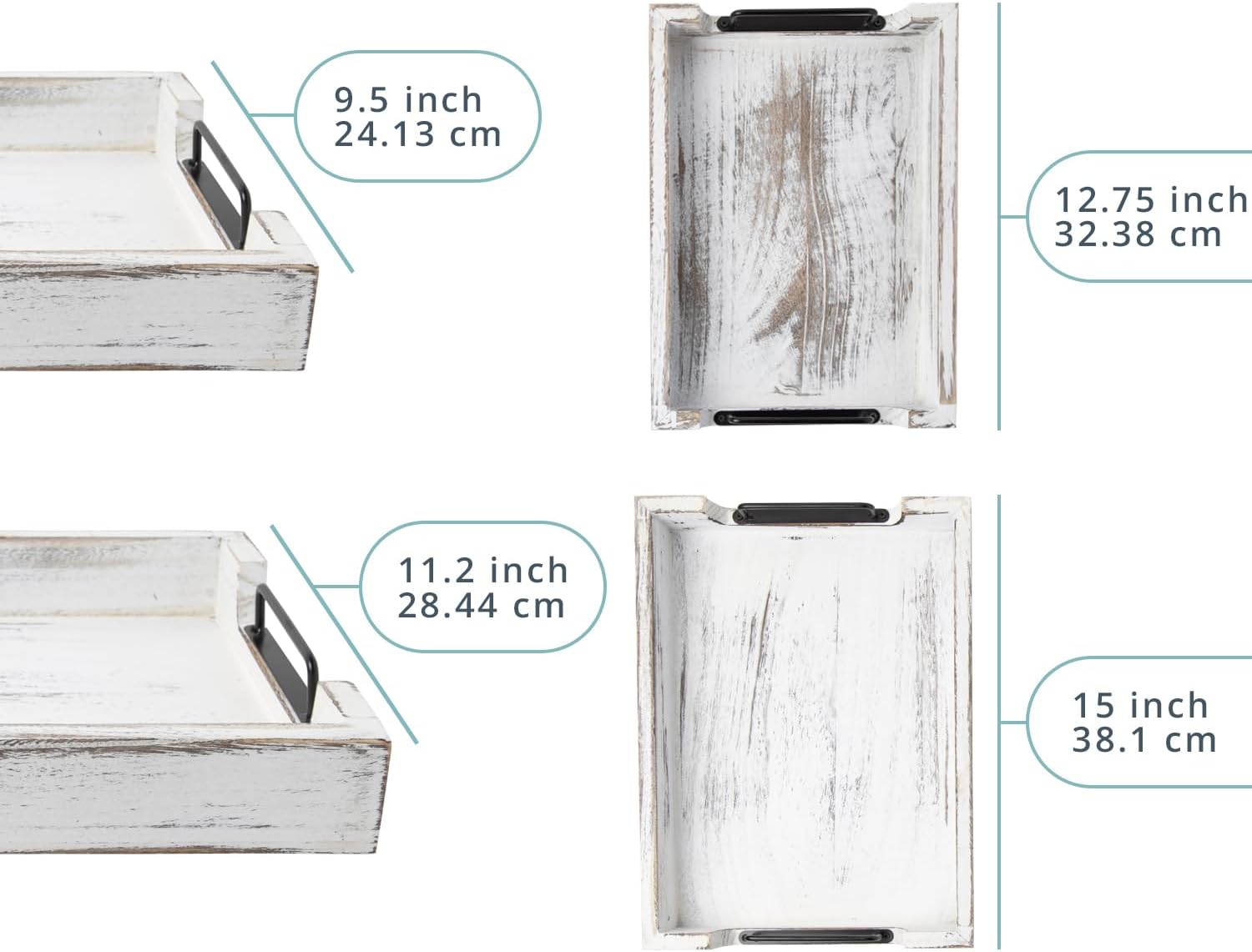 Rustic Wooden Serving Trays with Handle - Set of 2 - Large and Small Nesting Multipurpose Trays - for Breakfast, Coffee Table/Butler & More - Rustic White