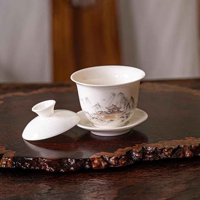 KEYDUACU Gaiwan Chinese Gongfu Tea Set，Asian Adult White Ceramic Tea Set, 6 Cups Suitable for Small Gatherings, Home, Office and Travelling, Gift Giving(Travel-House)