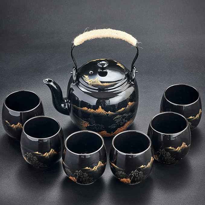 Gift Set Japanese Tea Set, Asian Black Glazed Ceramic Tea Set - Contains 1 Teapot, 1 Tea Strainer and 6 Teacups. Ideal for Home, Outdoor, Office (Black1)