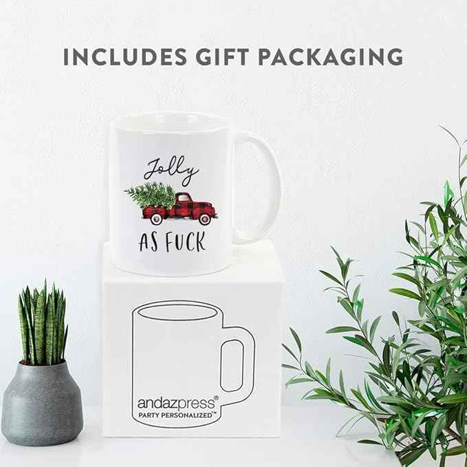 Andaz Press Christmas Winter Holiday 11oz. Coffee Mug, Jolly As Fuck, Vintage Red Truck, 1-Pack, Cozy Christmas Hot Chocolate Cup Ideas for Him Her Coworker…