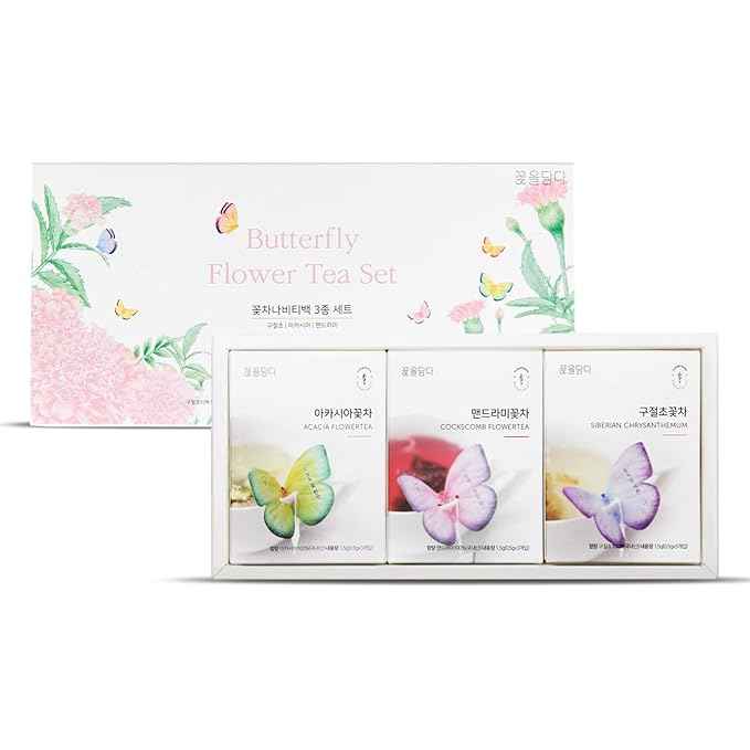 KKOKDAM Korean Tea Gift Set Sampler – 3 Flavor Pink Butterfly Tea Bag Sampler – Elegant Box for Tea Lovers - Perfect as Korean Gifts for Women