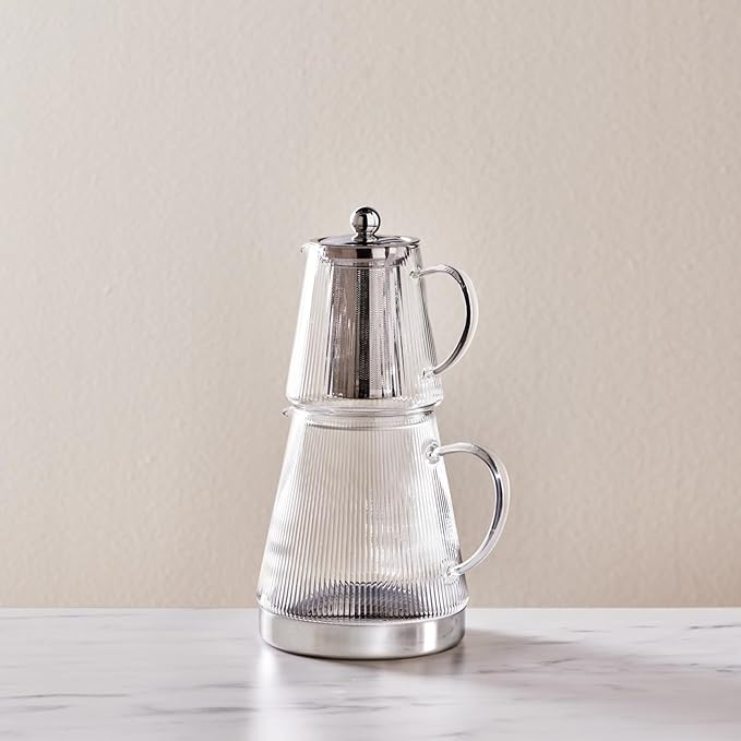 Karaca Keops XL Borosilicate Glass Teapot with Infuser and Lid for Stovetop, Transparent Silver, 1L Tea Pot & 2L Tea Kettle Set for Loose Leaf & Herbal, Dishwasher Safe