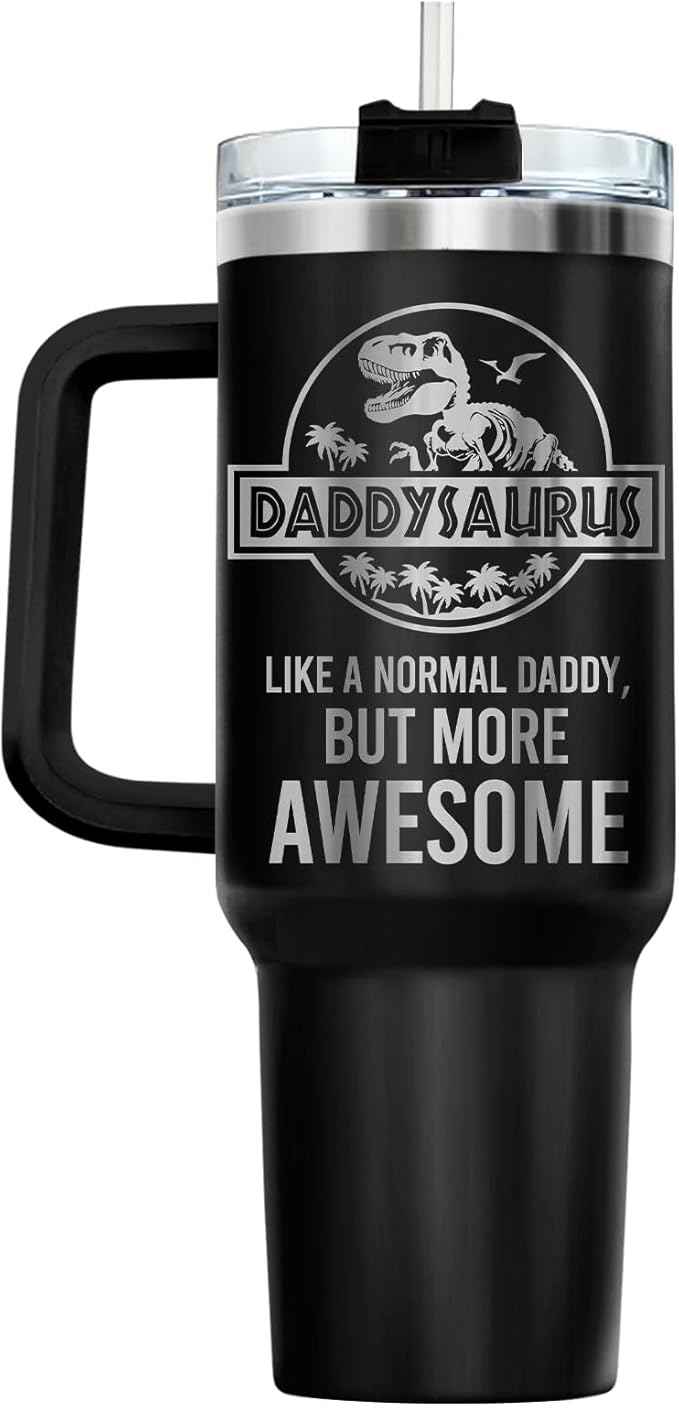 34HD Daddysaurus Tumbler 40oz with Handle Lid and Straw, Funny Like a Normal Daddy But More Awesome Dinosaur Gift, Black Dino Insulated Stainless Steel Cup, Father’s Day & Birthday Present to Papa