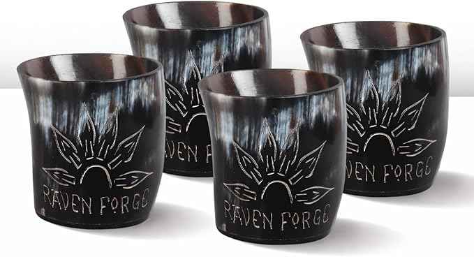 Handicrafts Home Viking Horn Shot Glasses Set of 4, Handmade Natural Ox Horn, Rustic Viking Drinkware Whiskey Shot Cups, Father’s Day Gifts, Medieval Decor Gift Set for Men & Groomsmen, Birthday Gifts