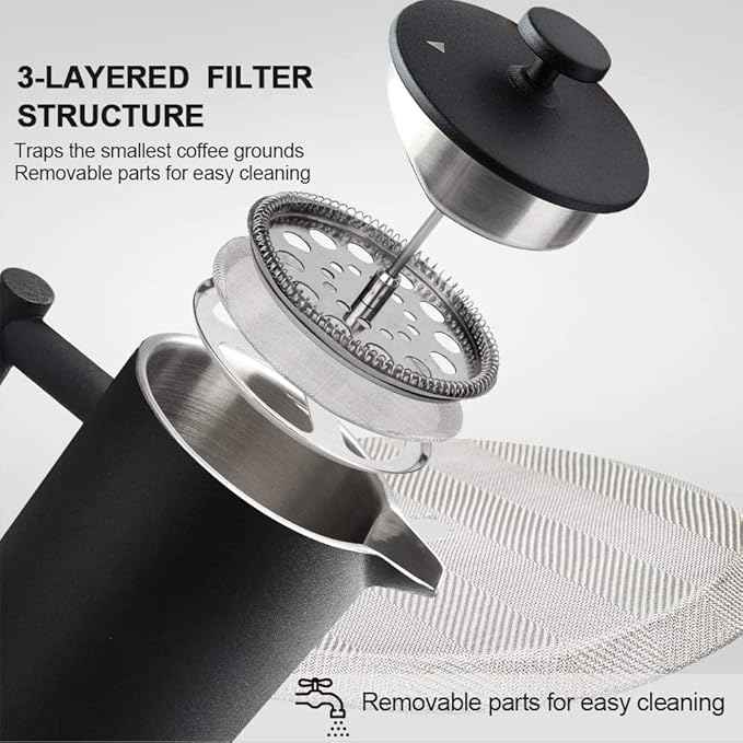 Secura French Press Coffee Maker, 304 Grade Stainless Steel Insulated Coffee Press with 2 Extra Screens, 34oz (1 Litre), Black