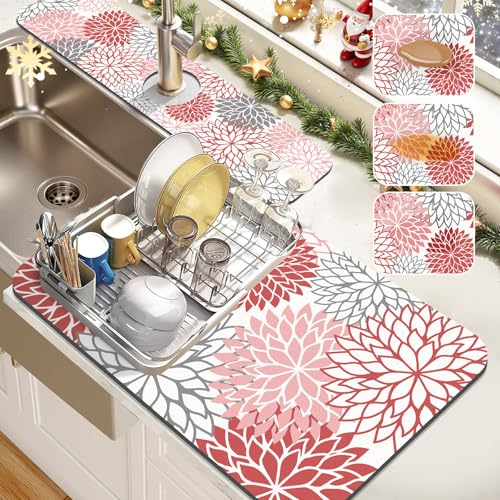 2PCS 12" x 20" Christmas Dish Drying Mat & 24" x 5.5" Sink Splash Guard (2 Count)