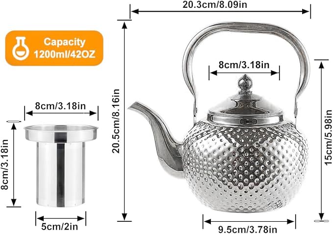 SANQIAHOME 1200ml Teapot with Infuser Stainless Steel Lifting Handle Tea Maker Silver