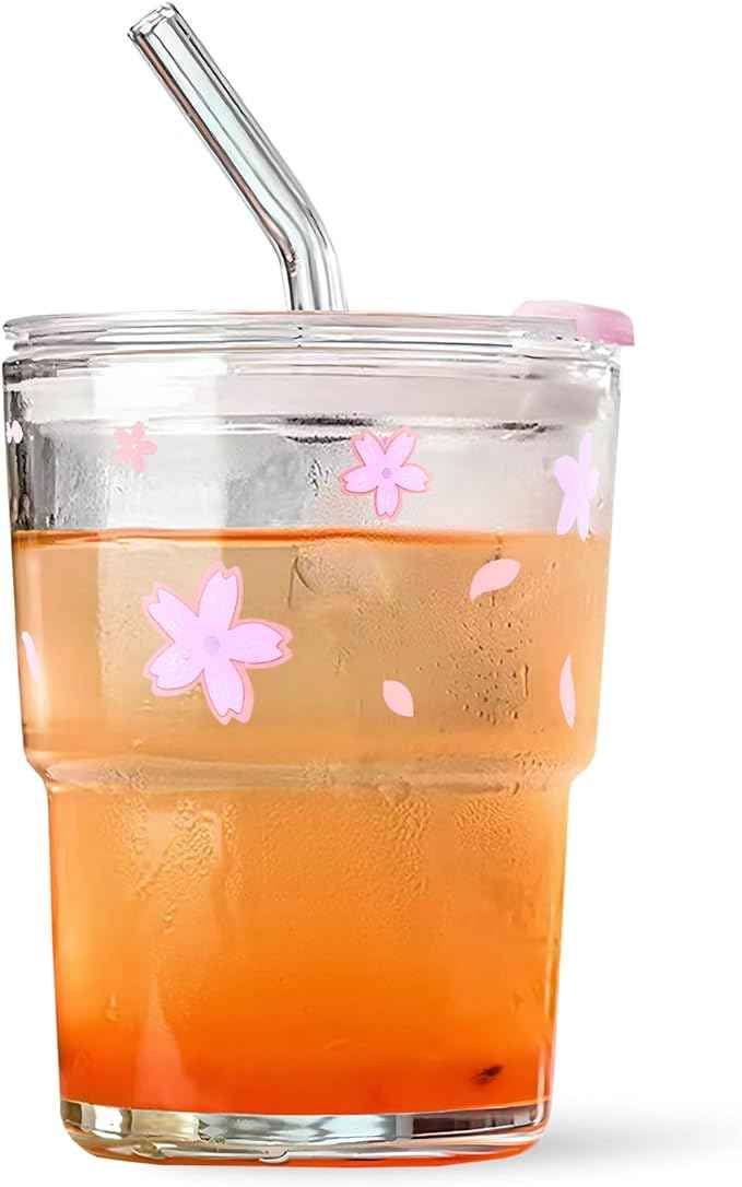 Iced Coffee Cup, 15Oz/450ml Glass Cups With Lids And Straws, Iced Coffee Glasses Tumbler, Thick Wall Mug For Tea Water With Glass Straw, Coffee Cute Tumbler Gifts (Pink)