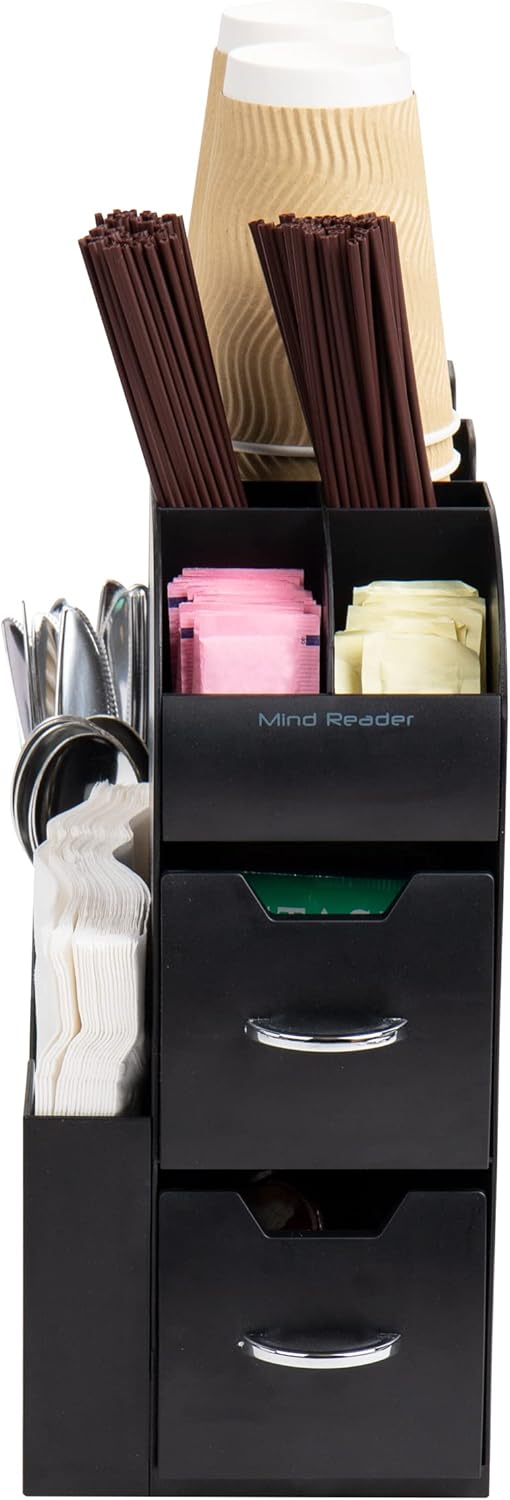 Mind Reader Cup and Condiment Station, Countertop Organizer, Coffee Bar, Kitchen, Stirrers, 5.35" W x 11.25" L x 11.15" H, Black (Pack of 8)