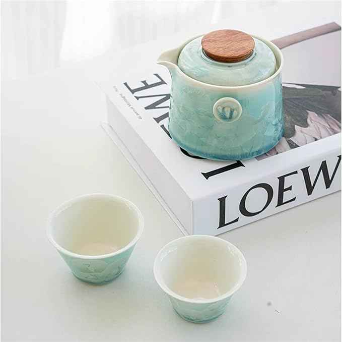 Hermit Life Chinese Travel Tea Set, Portable Ceramic Teapot for One to Two, Gongfu Tea Set with Crystal Glaze, 1 Pot 2 Cups, Gift for Tea Lovers (Mint Green)