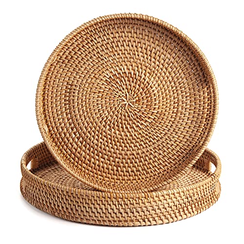 Coffee Table Tray Round Rattan Ottoman Tray Woven Serving Trays with Handles for Home and Kitchen Decorative Natural