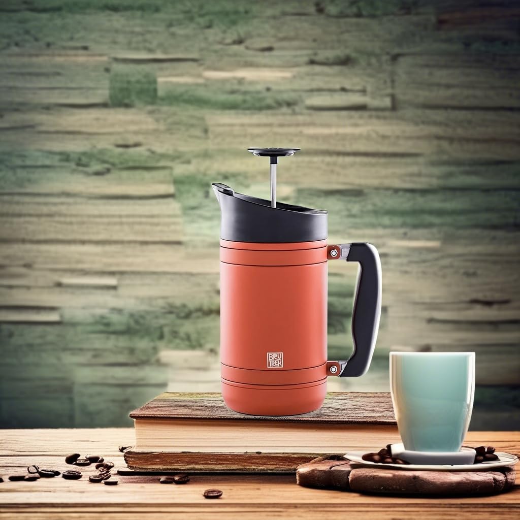 BaseCamp Coffee Press - Double Wall Insulated Stainless Steel - Bru-Stop Technology, No Grounds in Coffee, No Spill Lid (Red Rock, 32 fl.oz) - Blissbrew