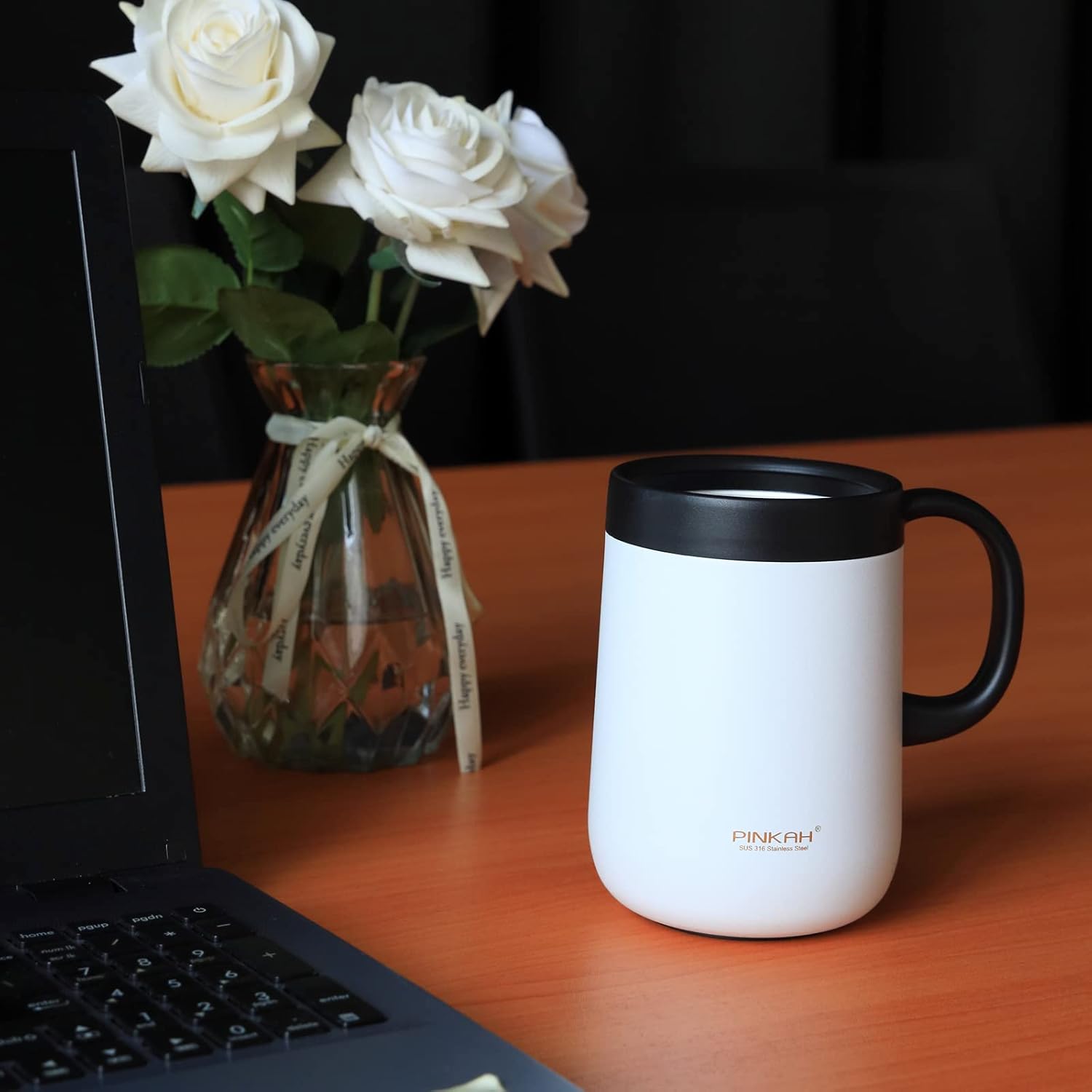 16oz Coffee Mug Cup with Handle, Insulated Stainless Steel Coffee Cup with Lid, Hot and Cold Beverages, Double Walled Vacuum Coffee Thermal Mug for Women and Men, White