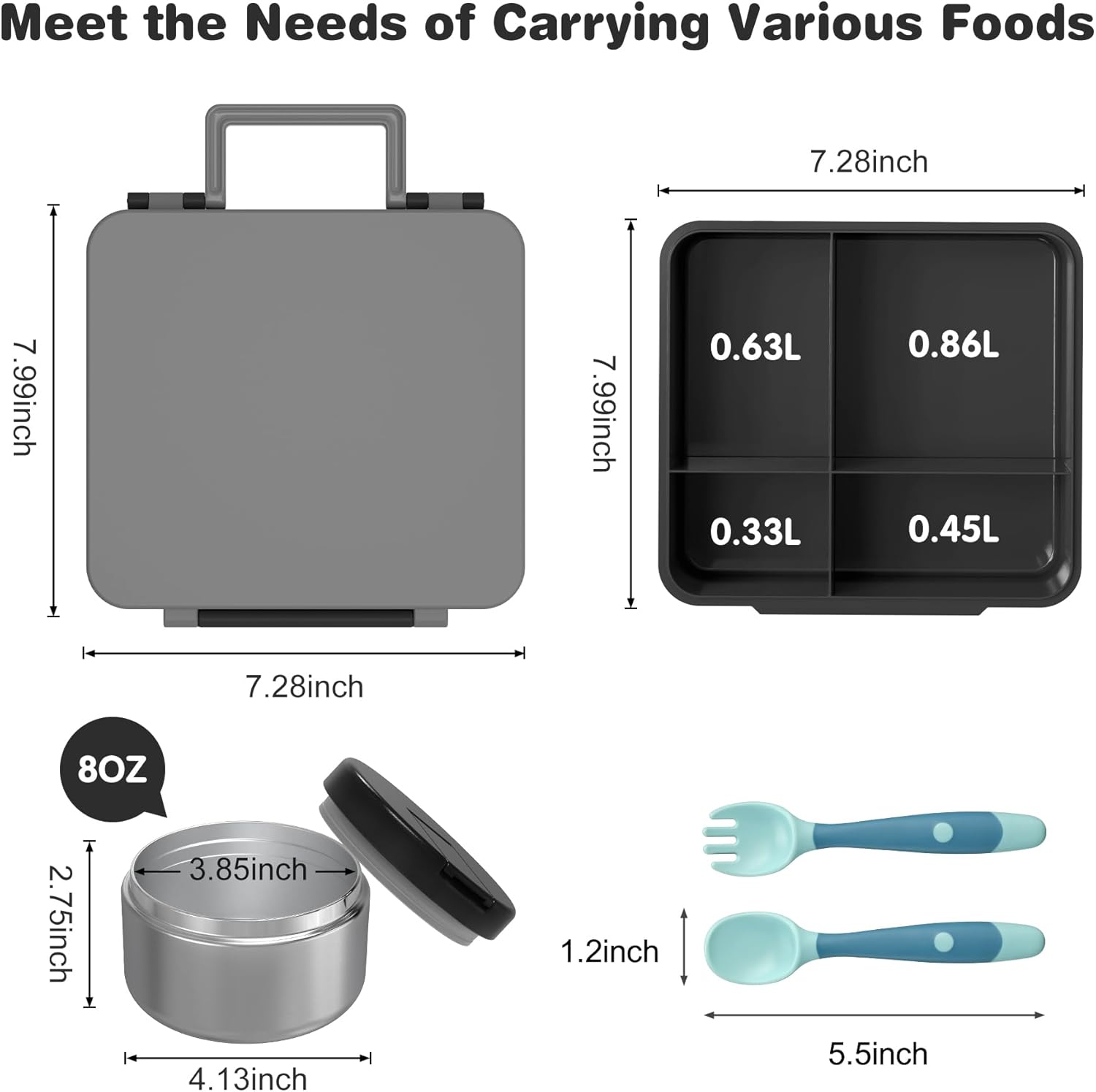 Bento Lunch Box with 8oz Soup Thermo, Kids Leakproof Lunch Food Containers with 4 Compartment, Kids Thermo Insulated Hot Food Jar for School, Trvael (Grey) - Blissbrew