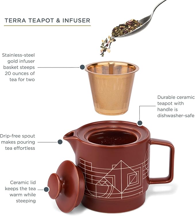 Tea Forte Ceramic Teapot with Removable Stainless Steel Infuser Basket and Lid, Steeps 24 oz. Loose Leaf Tea, Dishwasher & Microwave Safe, Gifts for Mom, Terra - Frank Lloyd Wright