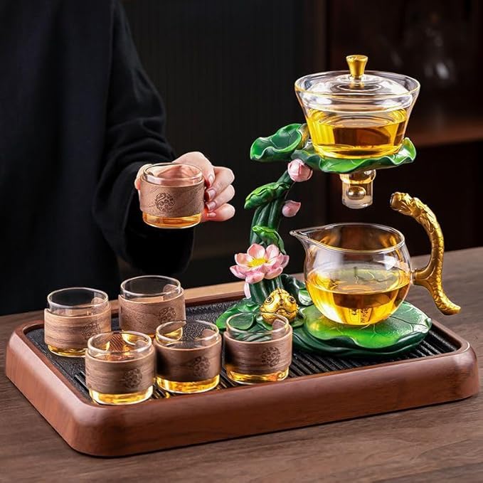 Lazy Kungfu Glass Tea Set Heat Resistant Semi Automatic Drip Rotating with Infuser Magnetic Teapot Set for Gongfu Tea Making Ideal (Lotus Fish)
