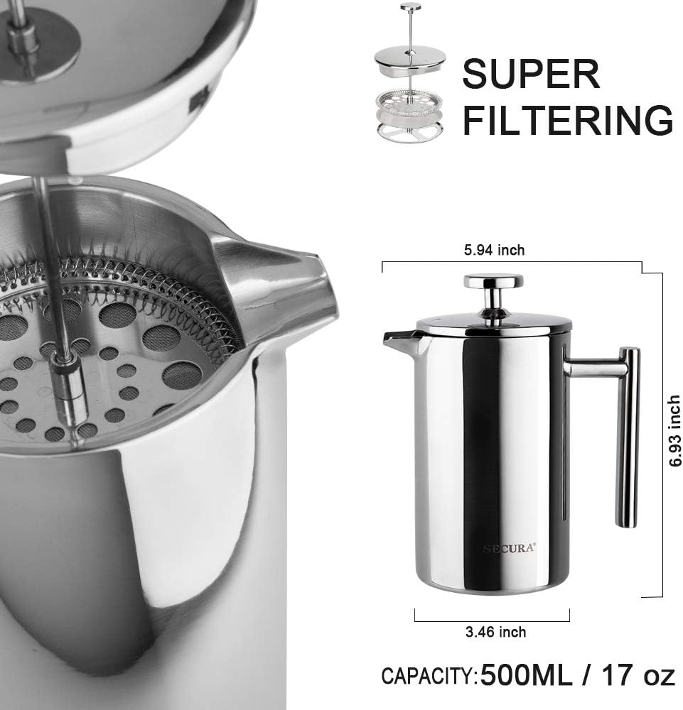 Secura French Press Coffee Maker, 304 Grade Stainless Steel Insulated Coffee Press with 2 Extra Screens, 17oz (0.5 Litre), Silver - Blissbrew