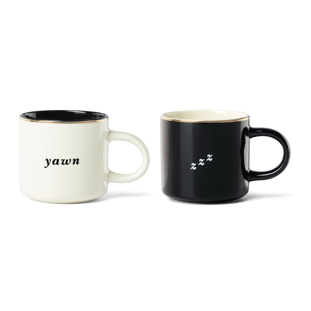 Set of two black stoneware mugs with gold rim trim