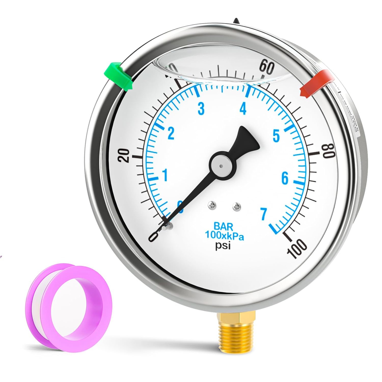 0-100PSI Stainless Steel Liquid Filled Pressure Gauge, 4