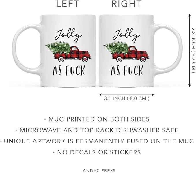 Andaz Press Christmas Winter Holiday 11oz. Coffee Mug, Jolly As Fuck, Vintage Red Truck, 1-Pack, Cozy Christmas Hot Chocolate Cup Ideas for Him Her Coworker…