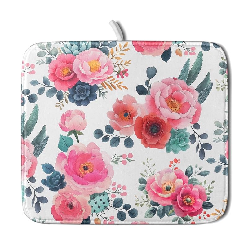 Watercolor Flowers Dish Drying Mats for Kitchen Counter Spring Summer Floral Dish Drying Pad 16”x18”Microfiber Ultra Absorbent Dish Rack Mat Seasonal Dishes Pad Dish Drainer Mats for Countertop Decor