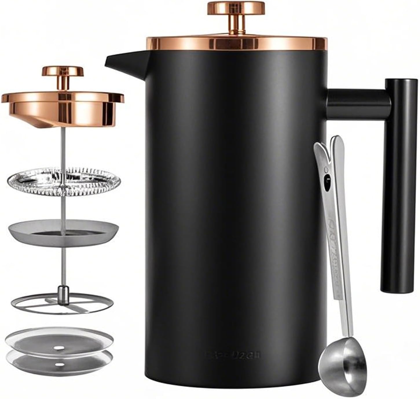 Black French Press Stainless Steel 34oz, Double Wall Insulated Coffee Press 1L for travel camping with 2 Extra Filter Screens and 1 Coffee Spoon（8cup 1000ml） - Blissbrew