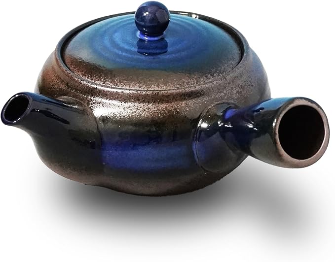 Banko-Yaki Japanese Tea Pot – Traditional Japanese Tea Kettle with Stainless Steel Bottom Strainer – Heat Resistant and Durable Ceramic Teapot for Deep Steamed Tea (Deep Blue)